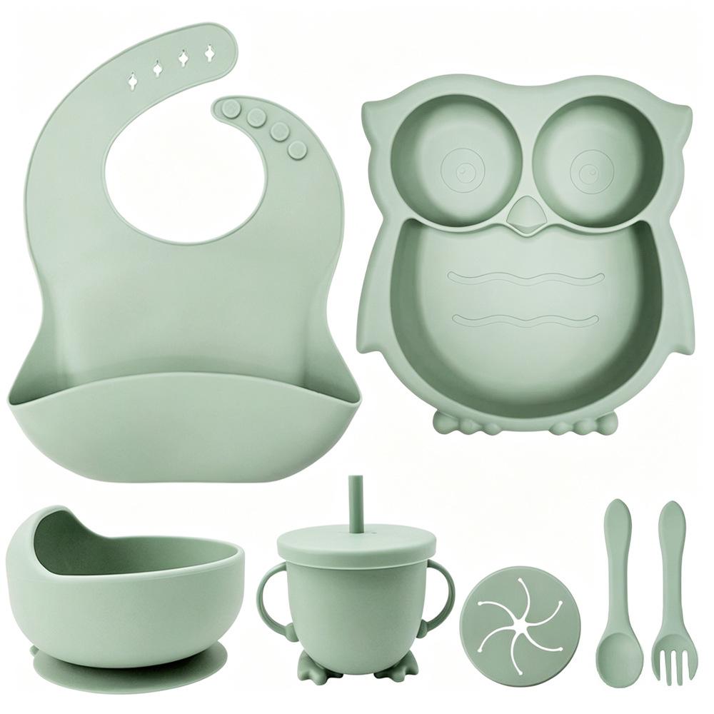 Silikon-Eulen-6-teiliges Baby-Essgeschirr-Set: Saugplatte & Schüssel