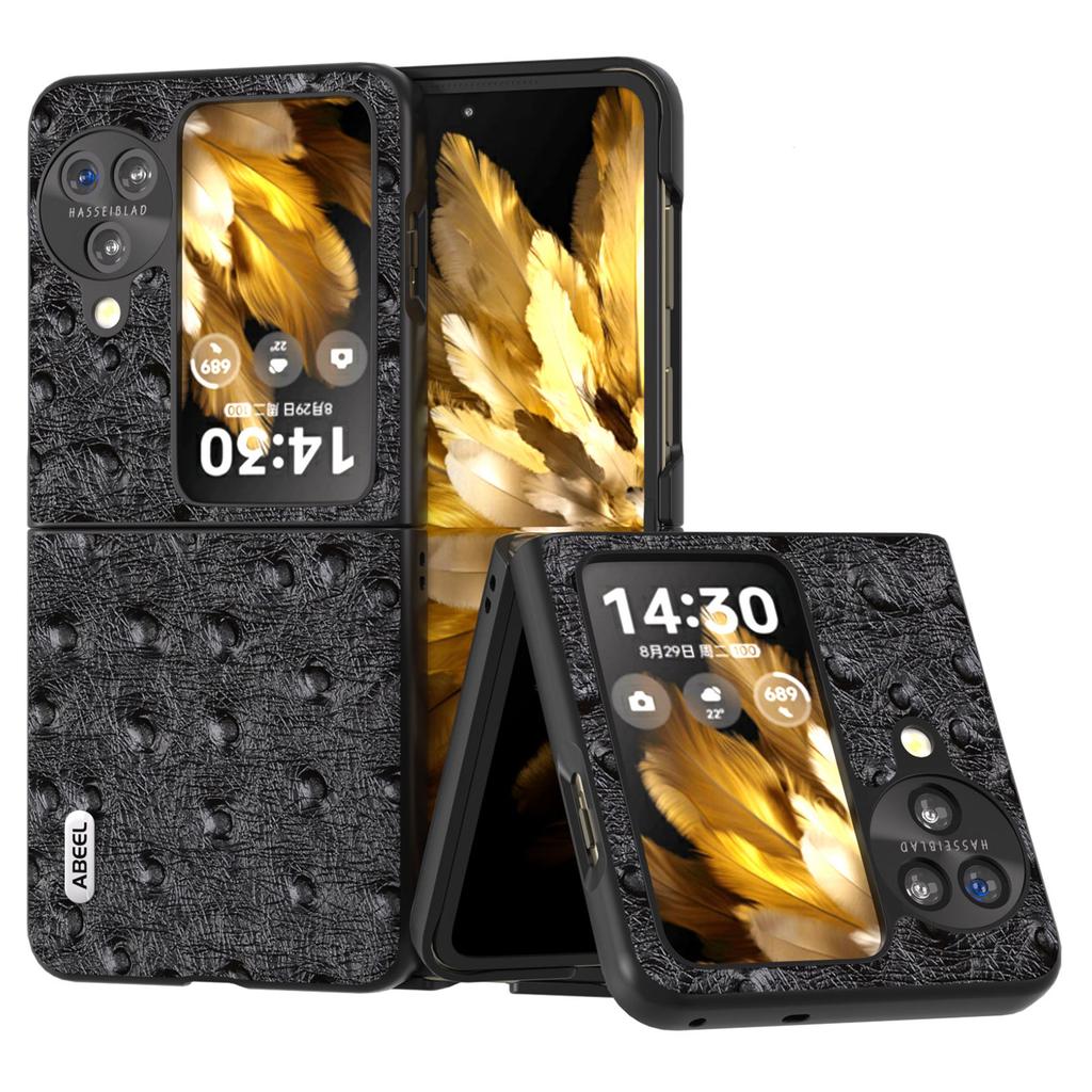 ABEEL For Oppo Find N3 Flip 5G Anti-Scratch Protective Cover Genuine Cow Leather+PC Ostrich Texture Phone Case