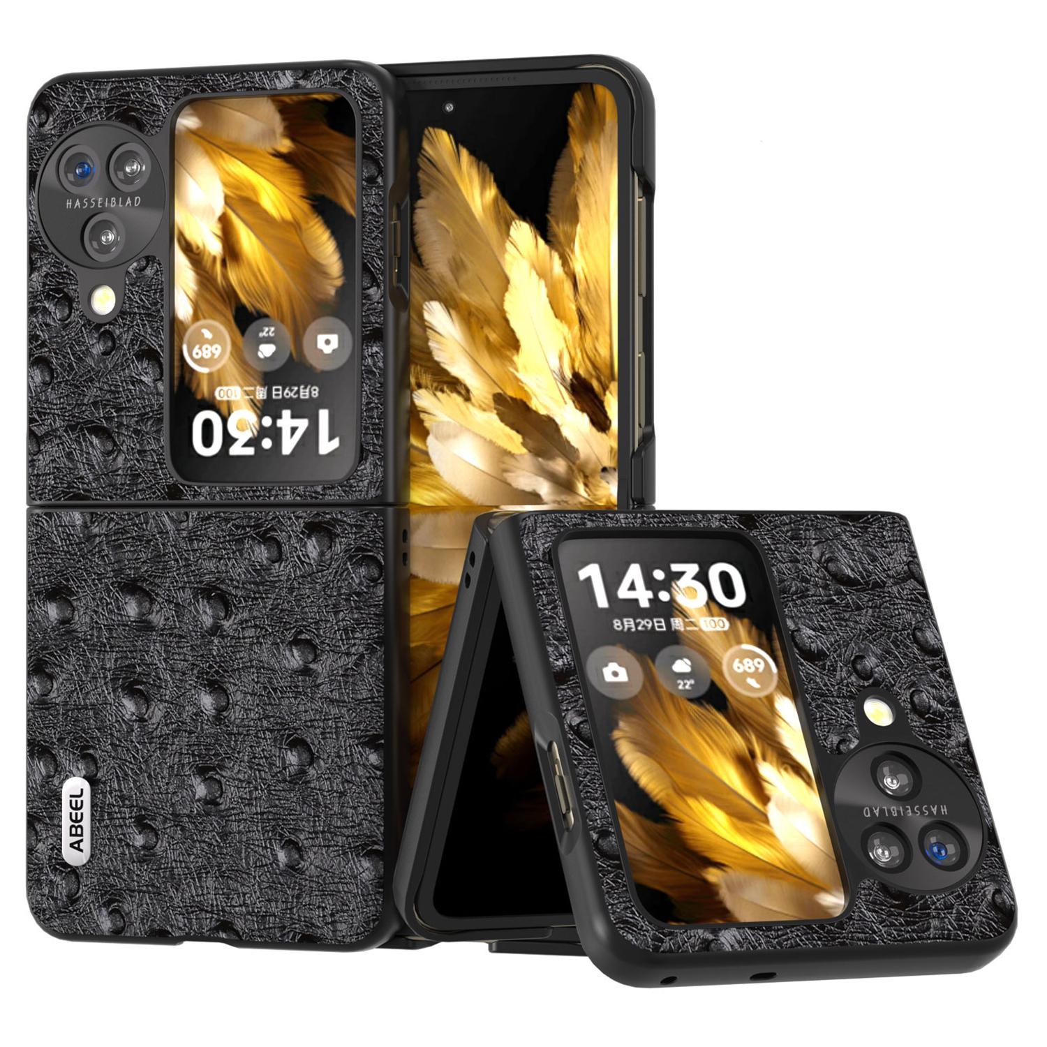 

ABEEL For Oppo Find N3 Flip 5G Anti-Scratch Protective Cover Genuine Cow Leather+PC Ostrich Texture Phone Case Black
