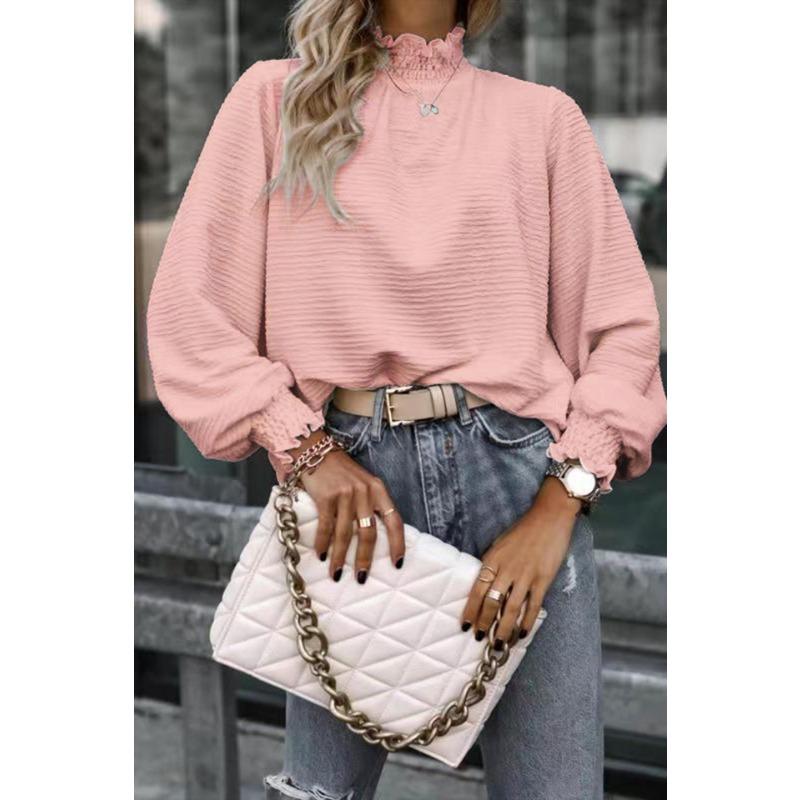 

Модная блузка с длинным рукавом, воротником-стойкой, свободного кроя, офисная, женская, однотонная, повседневная, простая, элегантная, топы, осень, зима, офисная, уличная рубашка, женская одежда XL розовый