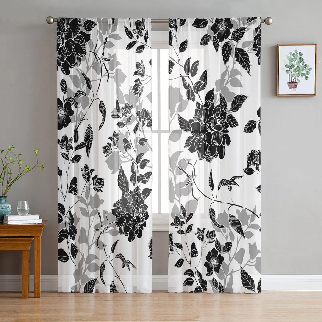 Black And White Flowers Sheer Curtains for Bedroom Living Room Decoration Window Curtain for Kitchen Tulle Voile Organza Drapes