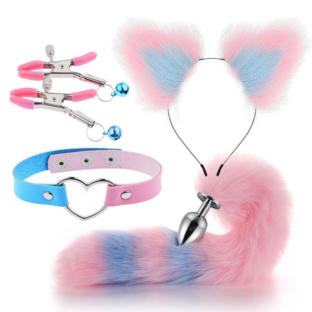Cute Fox Tail Anal Plug Set Cat Ears Headband Nipple Clip Neck Collar Erotic Cosplay Toys For Women Intimate Play