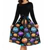 Women's Vintage Long Sleeve Round Neck Dress Halloween Party Printed Midi Dress with Belt Retro Style