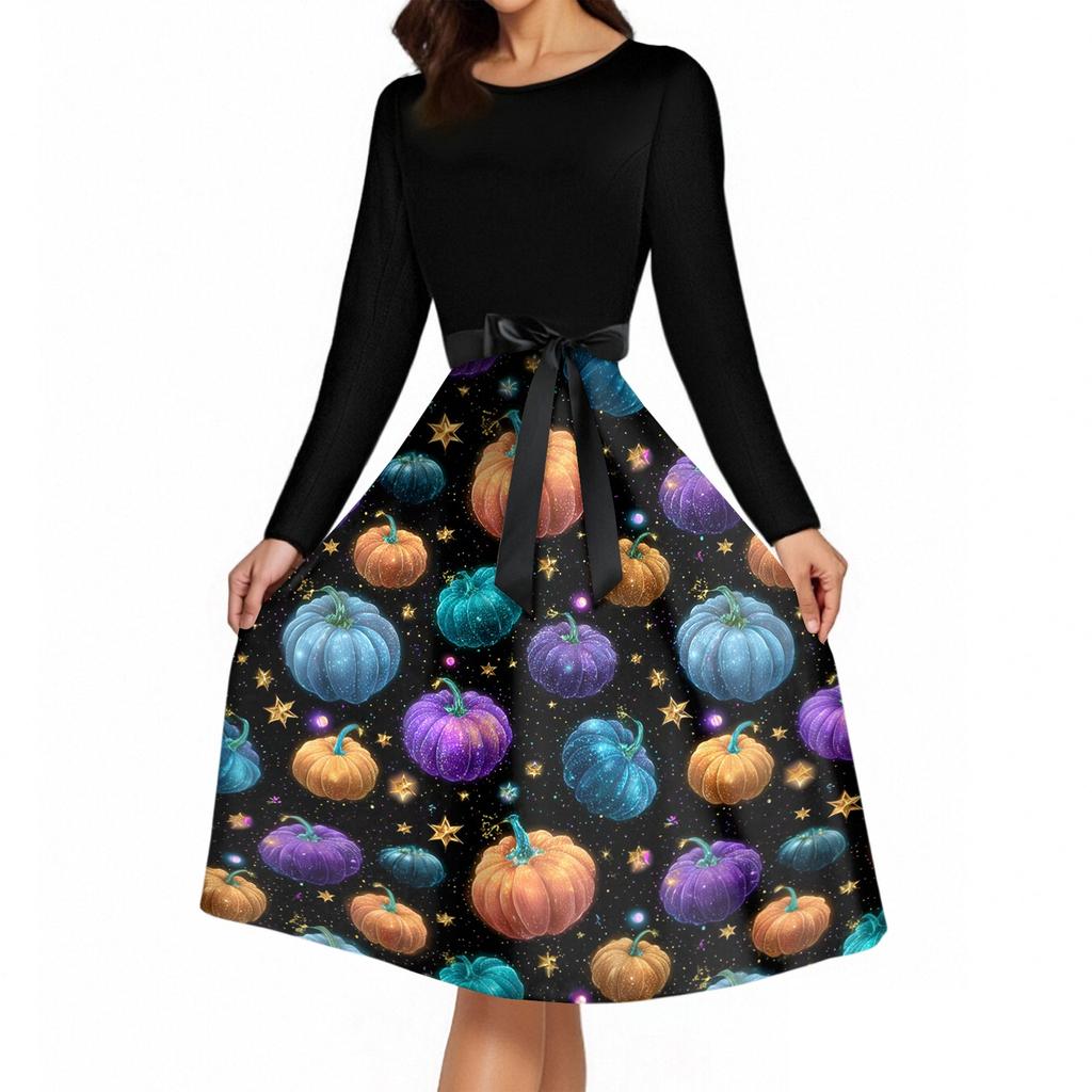 Women's Vintage Long Sleeve Round Neck Dress Halloween Party Printed Midi Dress with Belt Retro Style