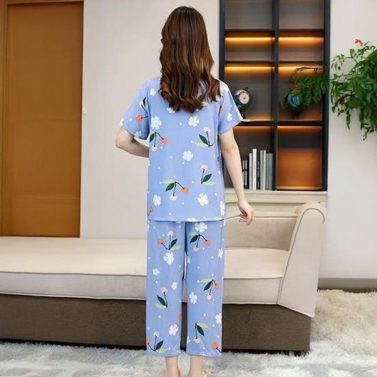 Women's Cotton Pajamas Set Short Sleeve Top Long Pants Casual Two-Piece Sleepwear Set Summer Plus Size Thin Loungewear for Elderly Mom