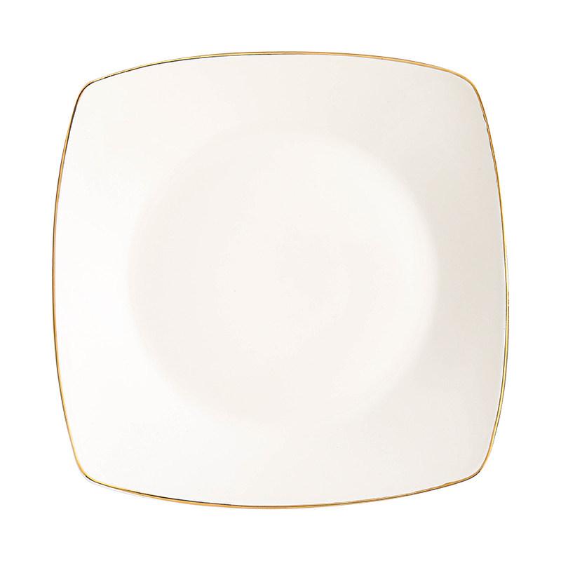 Gold-Rimmed White Ceramic Square Plate for Home: Dinner, Steak, Pasta, Dessert, Flat, or Shallow Use
