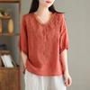 Women's Terracotta Linen Blouse 3/4 Sleeve V-Neck Floral Embroidery Casual Top