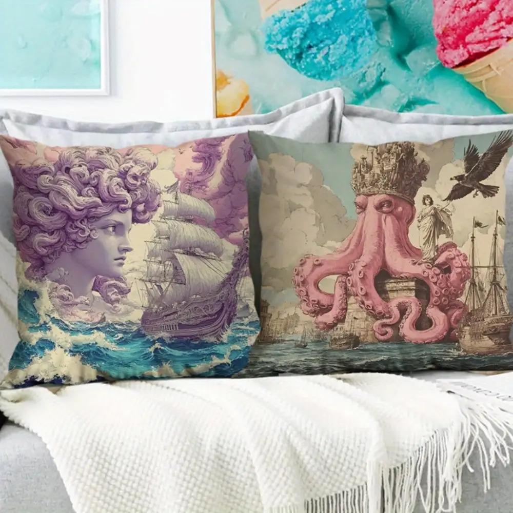 Fantasy Nautical Pillow Covers Greek Statue Octopus City Art Throw Pillow Cases, Surreal Home Decor Cushion Covers For Couch Bed