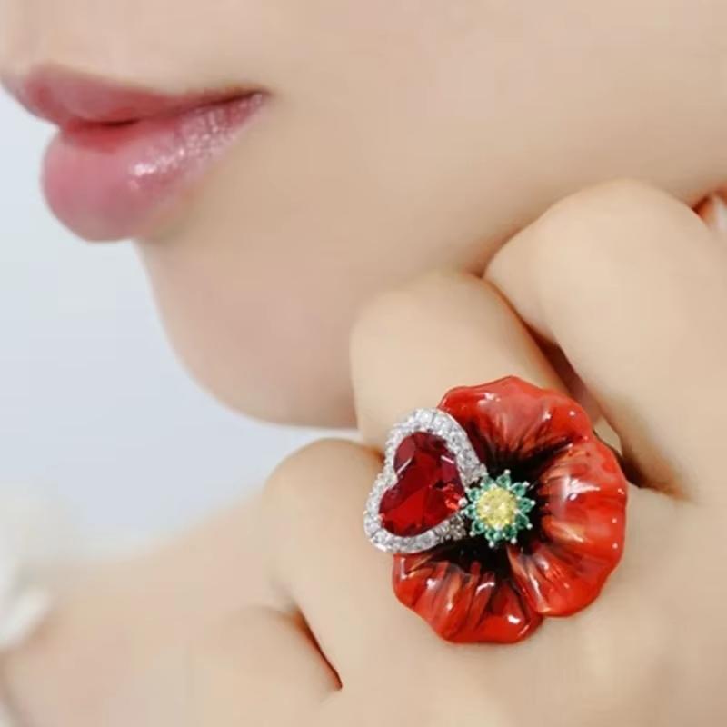 Milangirl Högkvalitet För Kvinna Vacker Blå Blomsterring Mode Trendig HANDGJORD Emaljring