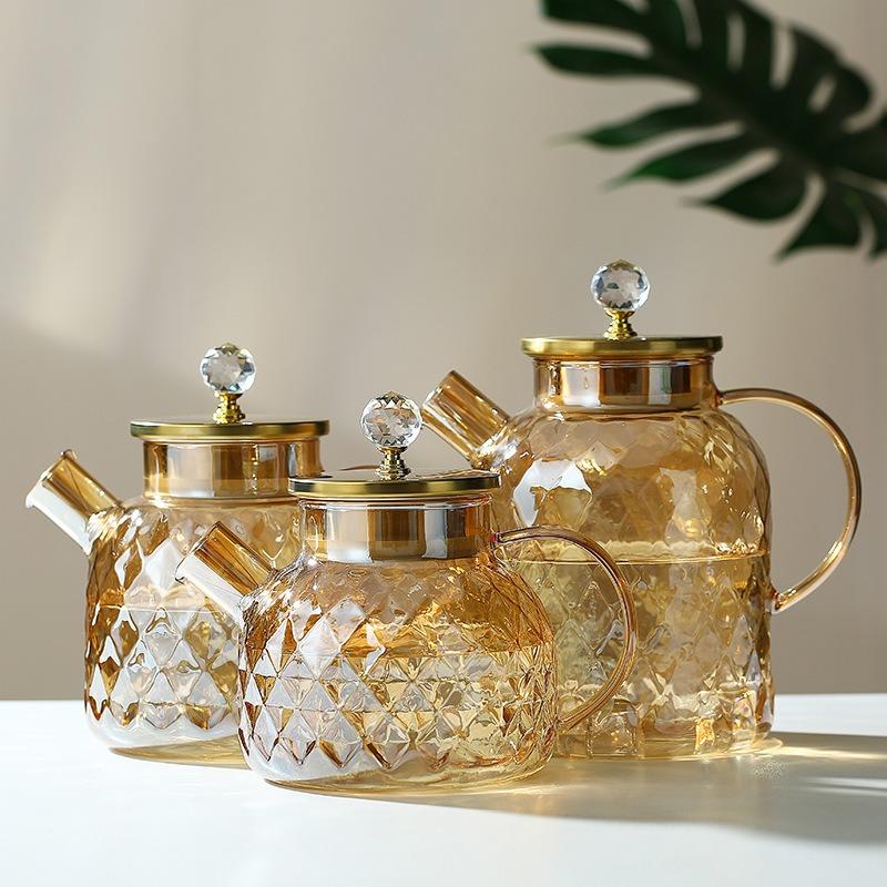 1/1.8L Glass Tea pot With Lid and Filter Champagne Tea Kettle Cold and heat resistant Tea maker For Blooming Tea Fruit Tea Amber