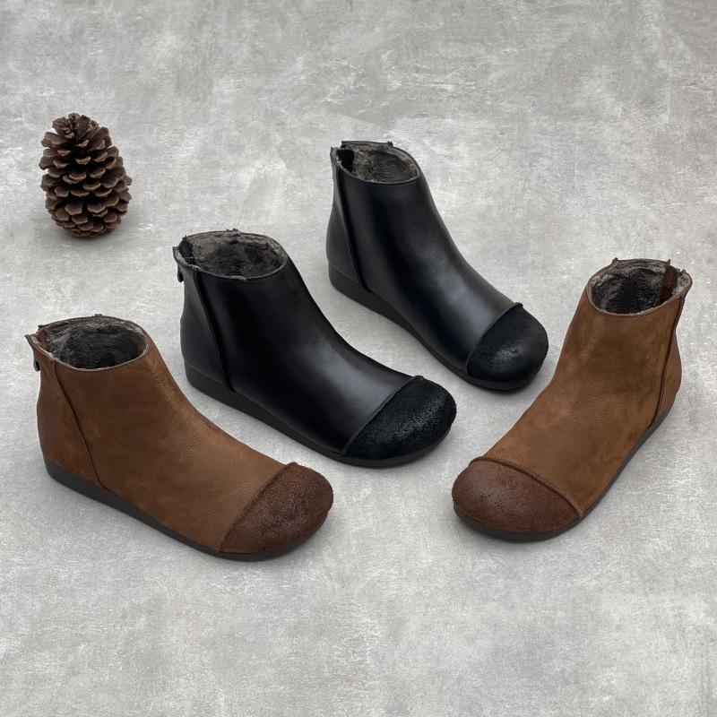Retro Schuhe, Damenschuhe, Kurze Stiefel, Neue Damen-Einzelstiefel mit runder Zehenpartie und flacher Sohle, Oma-Stiefel