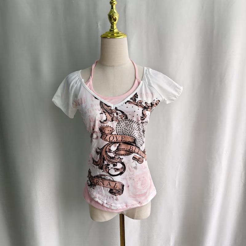 T-Shirts Damen Y2k Ästhetik Harajuku Vintage Patchwork Neckholder Bandage V-Ausschnitt Buchstabendruck Grunge Gothic Crop Tops