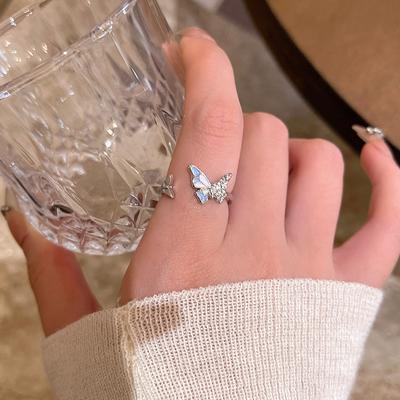 Silver Oil Drop Butterfly Open Ring Female Design Adjustable Index Finger Ring Light Luxury Jewelry