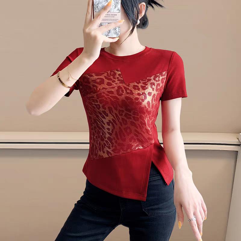 New Women Chic Leopard Print Patchwork Summer T-shirt Elegant O-neck Short Sleeve Irregular Tops Casual Ladies Slim Cotton Tees