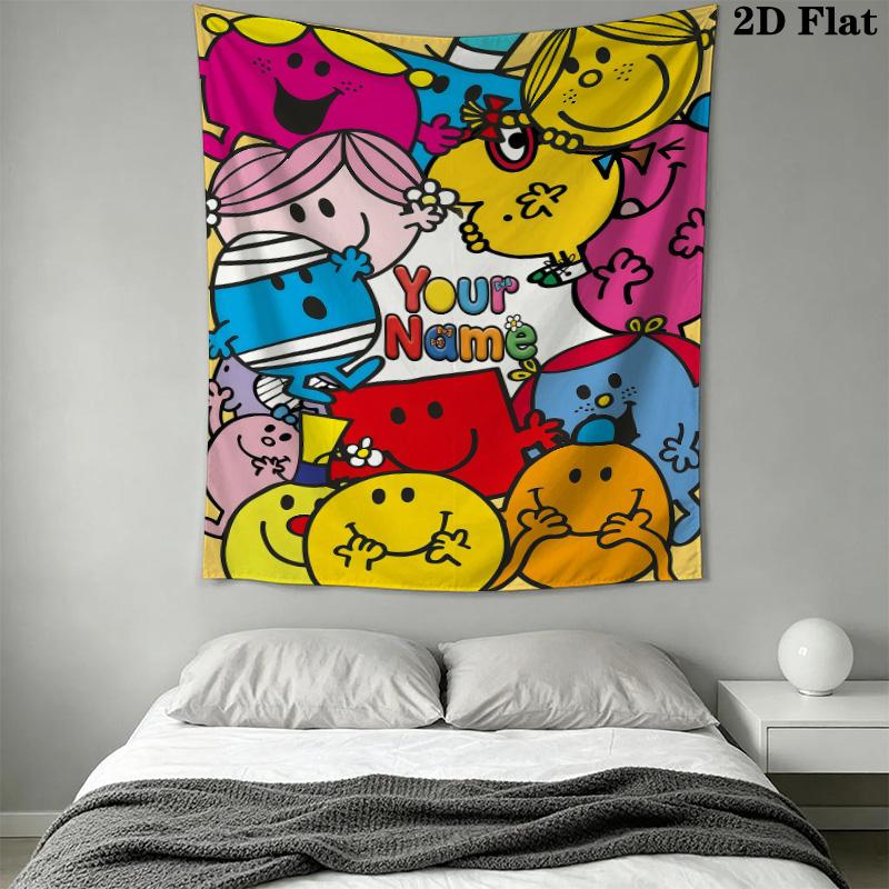 Mr. Men Little Miss Custom Name Wall Tapestry Aesthetic Wall Hanging Printed Fabric Blanket Decorative Tapestries for Bedroom Living Room Home Decor