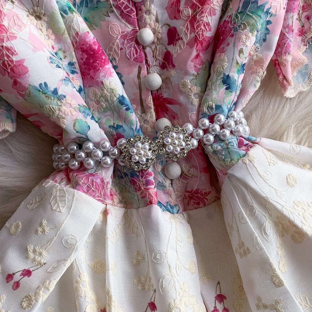 Elegant A-Line Dress for Women High-Quality Embroidery Flower Stand Collar Short Sleeve Fashion Runway Summer Dress Female 2026