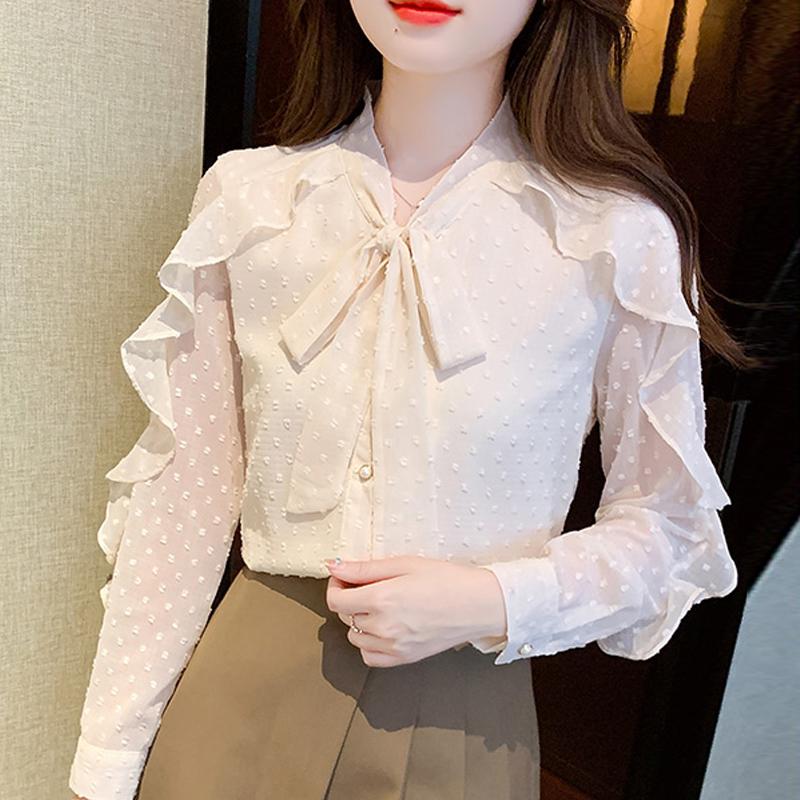 New 2024 Fashion Autumn Long Sleeve Bow Collar Casual Ruffles Apricot Chiffon Blouse Shirt Women Tops Blouses Shirts J533