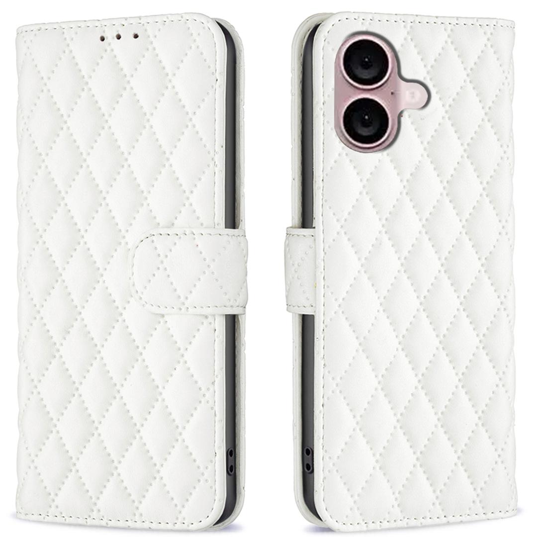 

For iPhone 16 Plus Case Rhombus Grid Wallet Leather Phone Cover White