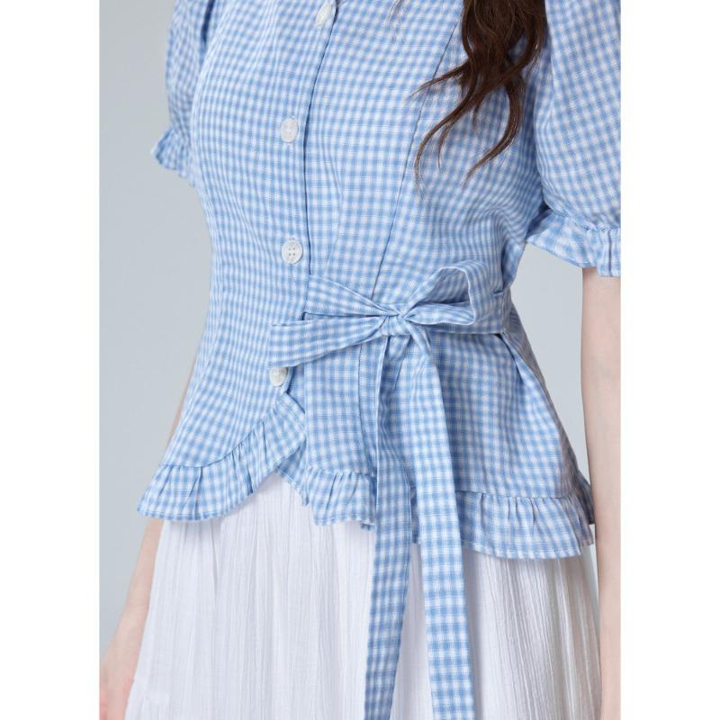 Damen Blaue Karo Quadratischer Ausschnitt Puffärmel Taillenbetont Bluse