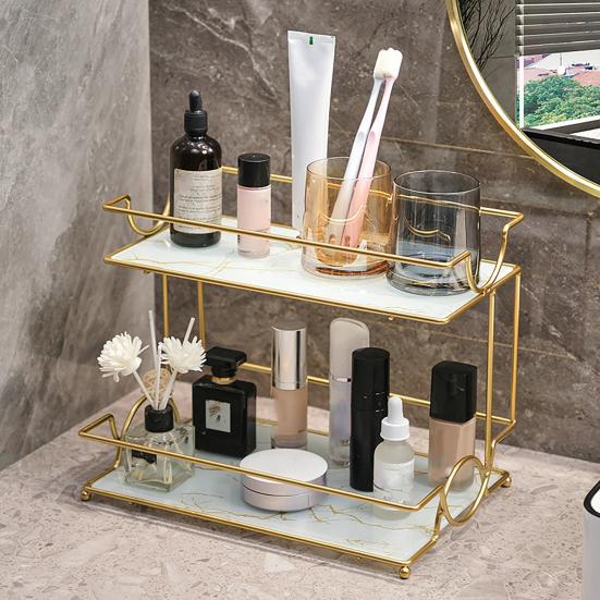 Estantería de Almacenamiento para Baño Yousheng Marco de Hierro Bandeja con Patrón de Mármol Organizador de Gran Capacidad para Artículos de Tocador Cosméticos Joyería