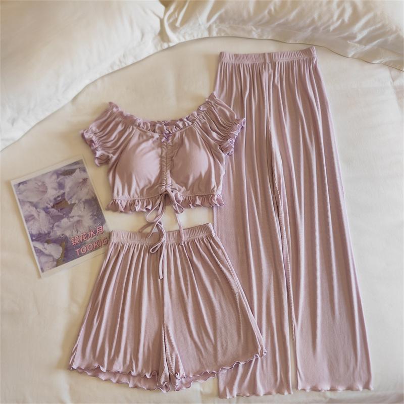 Women's Summer Puff Sleeve Modal Pajamas Set with Integrated Breast Pads - Sexy Pure Desire Homewear