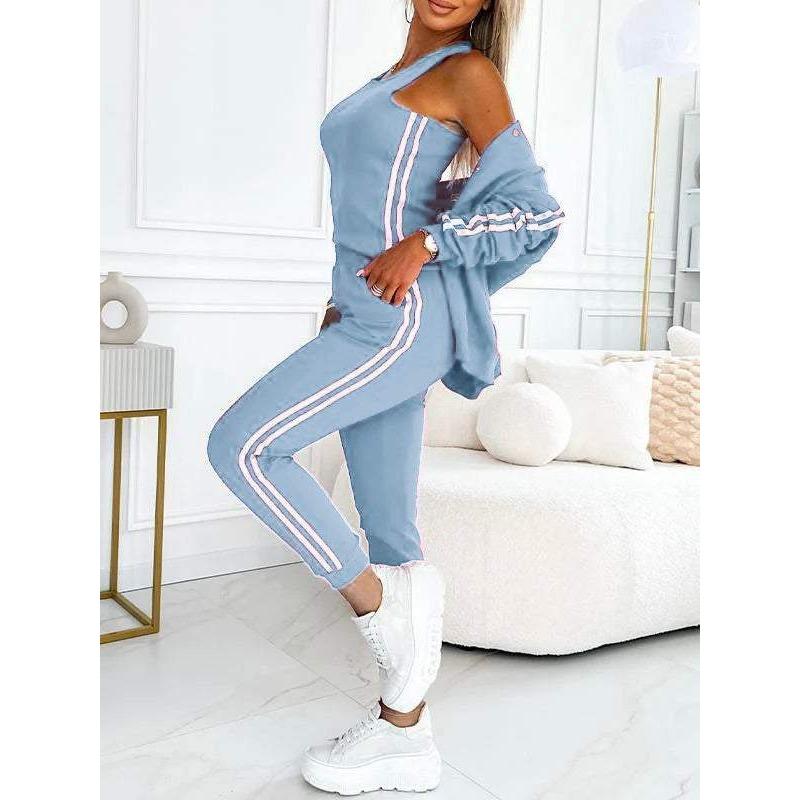 women's Striped Long Sleeve Bomber Jacket Cami Top Jogger Pants 3 Piece Tracksuit Outfit Set