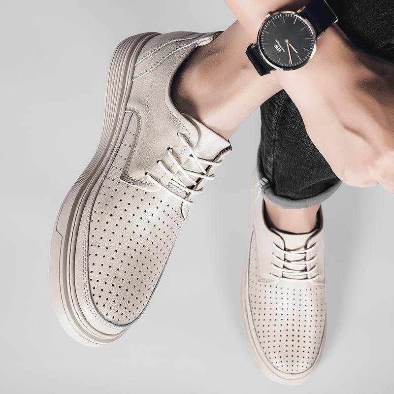 4.5cm Men's Height Increase Leather Loafers Lift Leather Breathable Comfortable Elevator Casual Shoes Hollow Out & All-Season