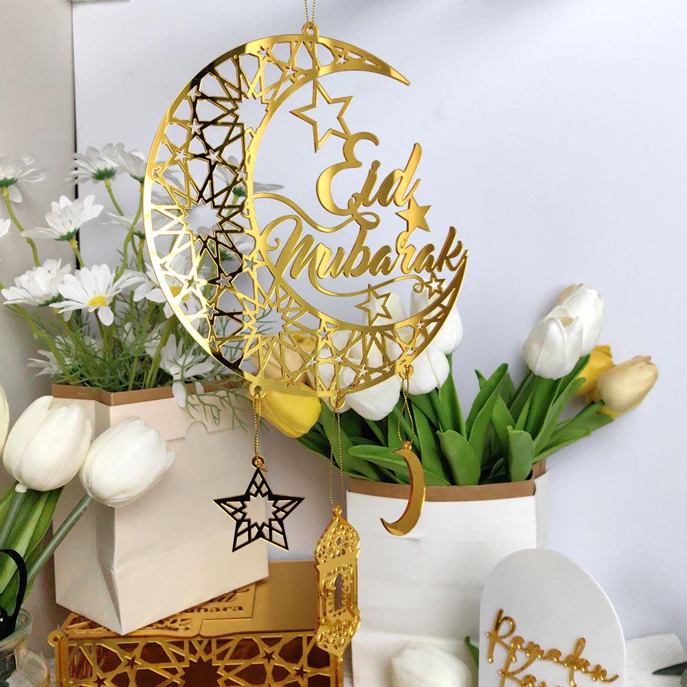 1 Stück Acryl Ramadan Kareem Mond Stern Wandanhänger Eid Mubarak Ornamente für Zuhause Eid Al Fitr Muslimische Islamische Feiertagsparty Dekoration