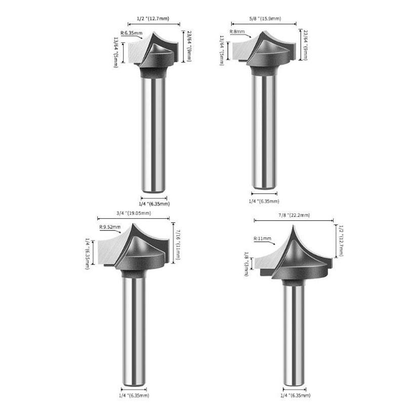 Carbură solidă, tăiată cu vârf rotund, bucăți cu nas rotund, scuturatoare, instrumente, freză pentru prelucrarea lemnului, tijă de 6 mm 1/4 inch
