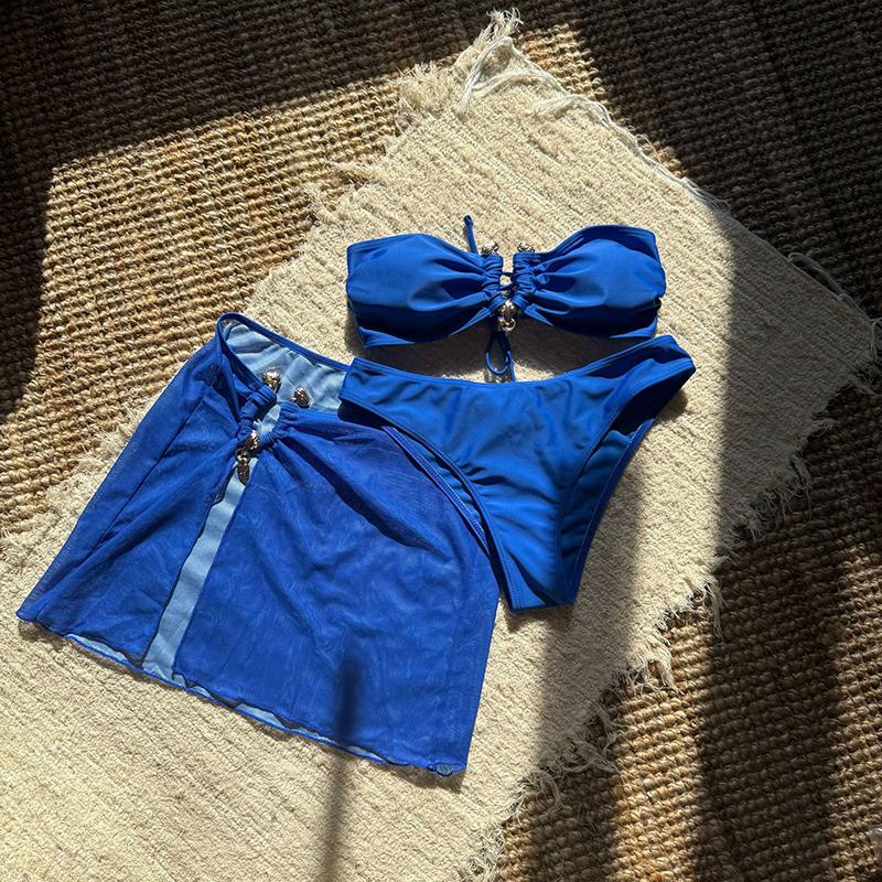 

Бикини Женский Купальник Новый Однотонный Бандо Сексуальный Набор Бикини Стринги Купальный Костюм Летний 3 Предмета Пляжная Накидка Купальник Женский L синий