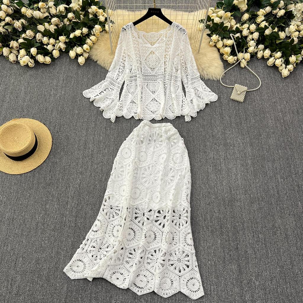 DIMANAF Neue 2025 Rock Anzug Frauen Stricken Strand Kurzarm Spitze Aushöhlen Sexy Oansatz Hohl Sommer Stil Tops Tees lose Grundlegende