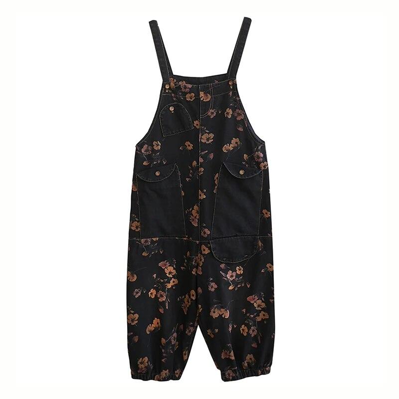 Dames Vintage Blomstrete Denim Jumpsuit Løse Vide Ben Bukseseler Bukser Street Bukseseler Bukser
