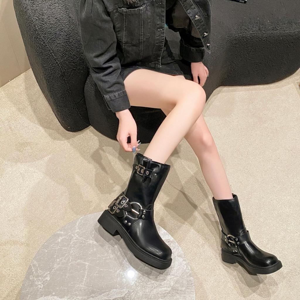 Large size thick-soled thick-heeled short Martin boots women's 2025 new British style belt buckle retro western cowboy short boots