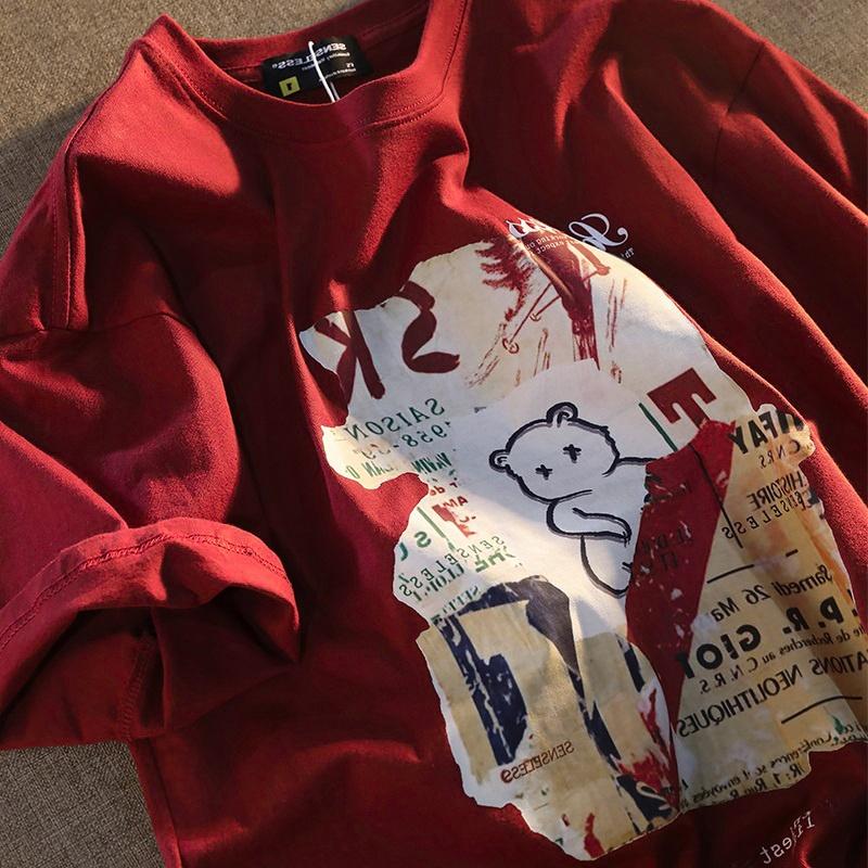 Oversize Loose Women's T-irt Ort Sve Korean Sle Hong Kong Faion Street Sle Ular Round Ne Cotton Top