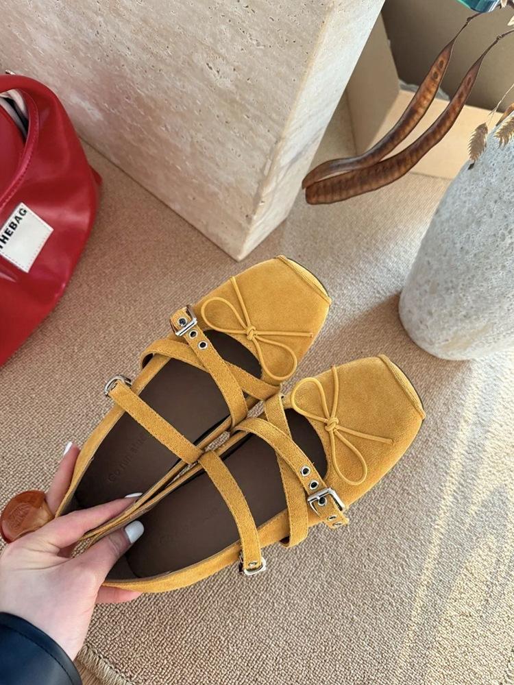 Leather Version 6cm Inner Height Increase Square Head Bow Belt Buckle Shallow Mouth Mary Jane Single Shoes Women's Soft-soled Ballet Shoes