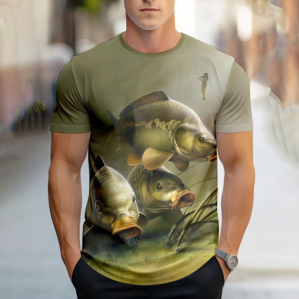 Summer Round Neck 3D Fish Graphic Print Top Fashionable Casual Short Sleeved Men's T-shirts