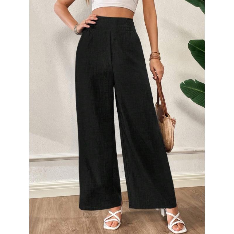 Women s Linen Blend High Waist Wide Leg Pants Elastic Back Waist L