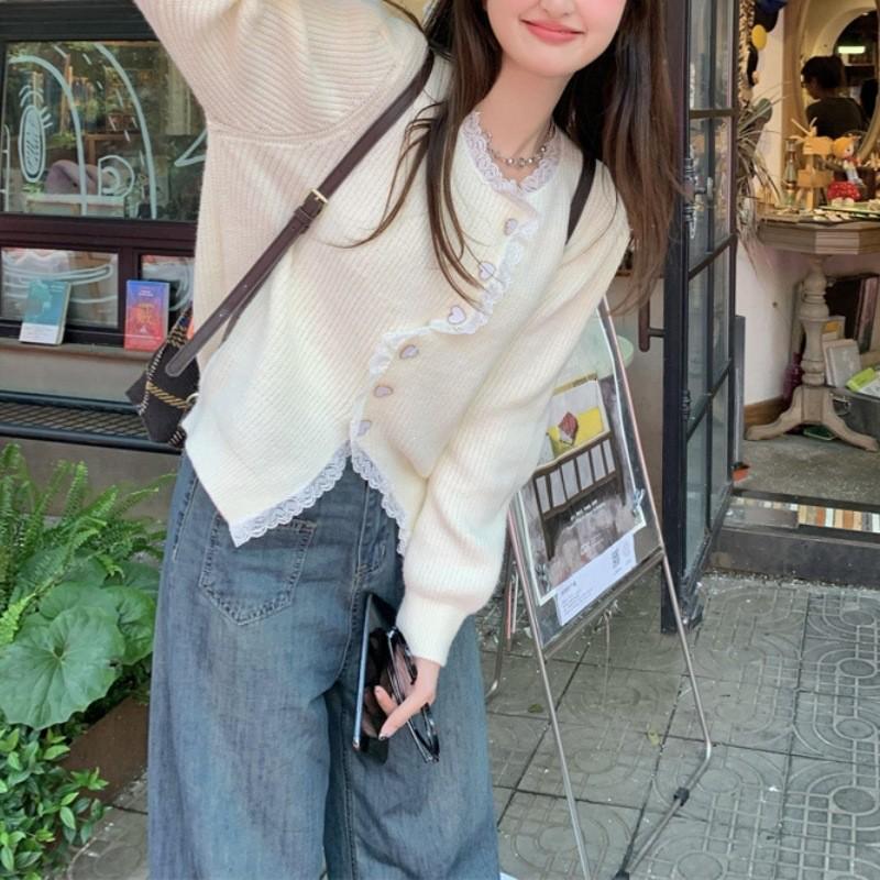 Lace Knit Irregular Solid Color Women's Cardigan - Soft Autumn/Winter Slit Sweater Top 2024
