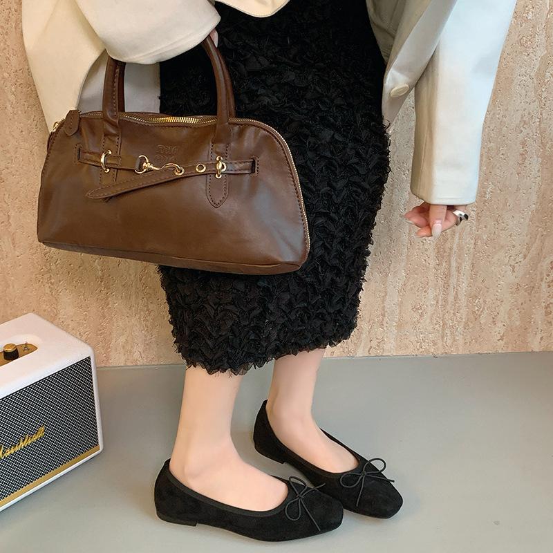 

2025 ретро маленькие одинарные туфли круглый носок неглубокий вырез бант плоский каблук замшевые модные туфли внутренний бант мягкая подошва туфли бабушки 40 чёрный