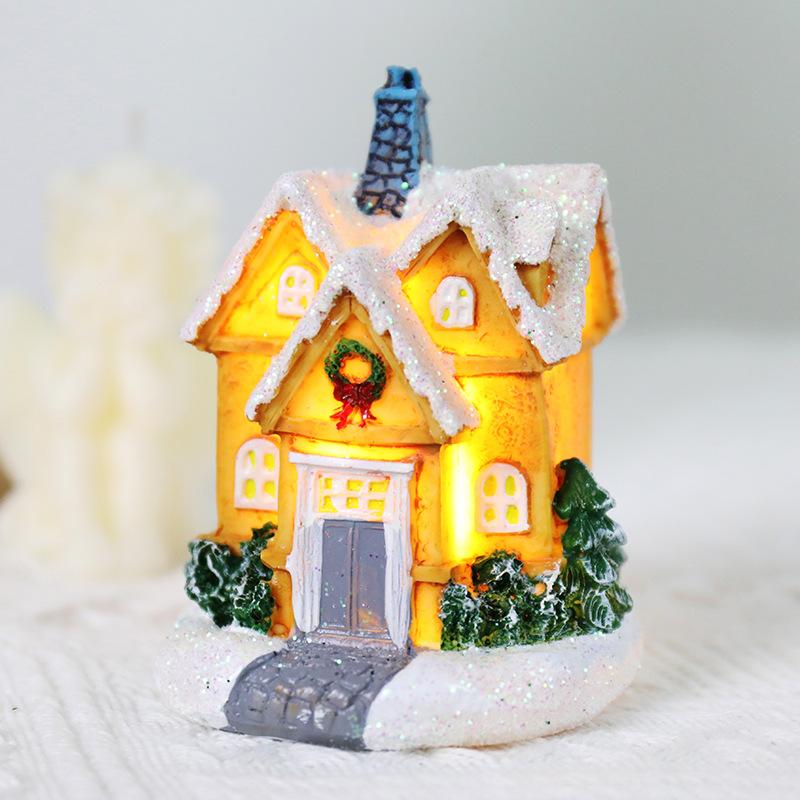 Christmas Resin House Figurine LED Light Up Snowy Village House Ornament Mini Desktop Decoration Xmas Gift