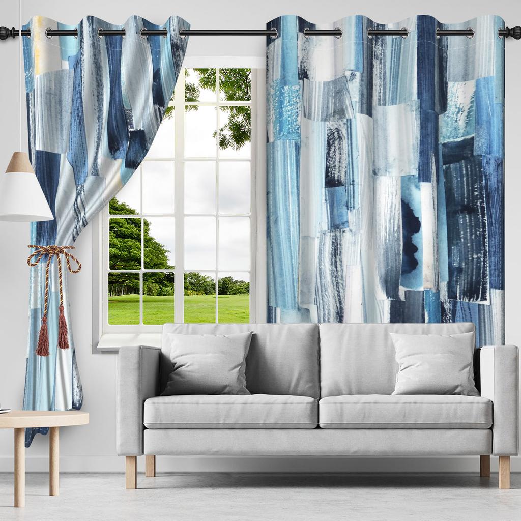 2pcs/set Retro Rural Sawdust Window Curtain Gradient Ink Wash Home Bedroom Living Room Decor Blackout Polyester Fabric Curtains