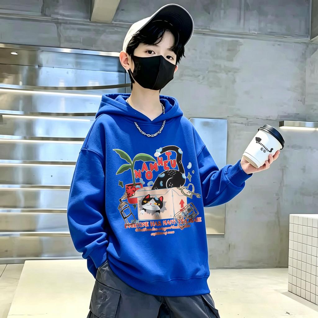 Best-selling Children's Hooded Sweatshirt with Cartoon Cat, Plant and Letter Print for Boys and Girls. Comfortable Streetwear.