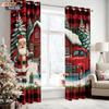 Set Of 2 Christmas House Santa Claus Red Print Perforated Curtains Multiple Sizes Living Room Bedroom Insulation Decoration Curtain Blackout Polyester