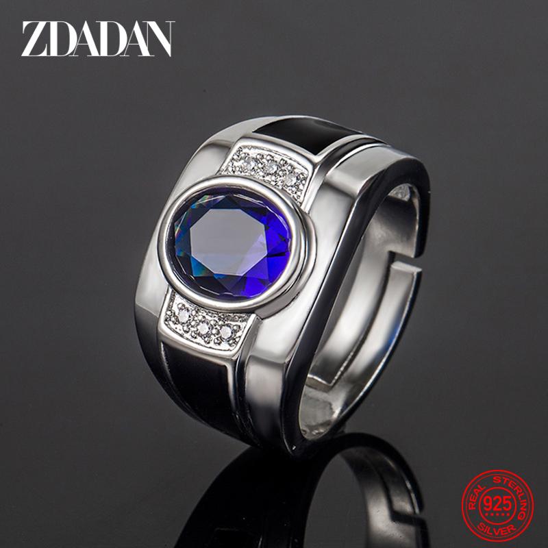 

925 Sterling Silver Blue Crystal Adjustable Rings for Men Fashion Jewelry resizable синій