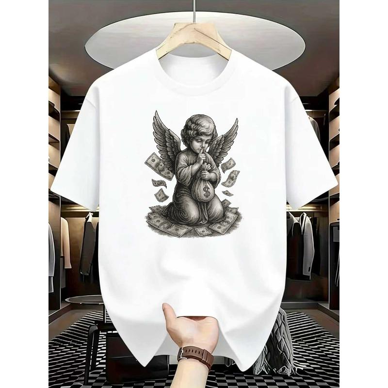 European Sizes Men's Street Style Short-Sleeved Crew Neck T-Shirt with Angel And Money Pattern, Perfect for Summer Outdoor Wear