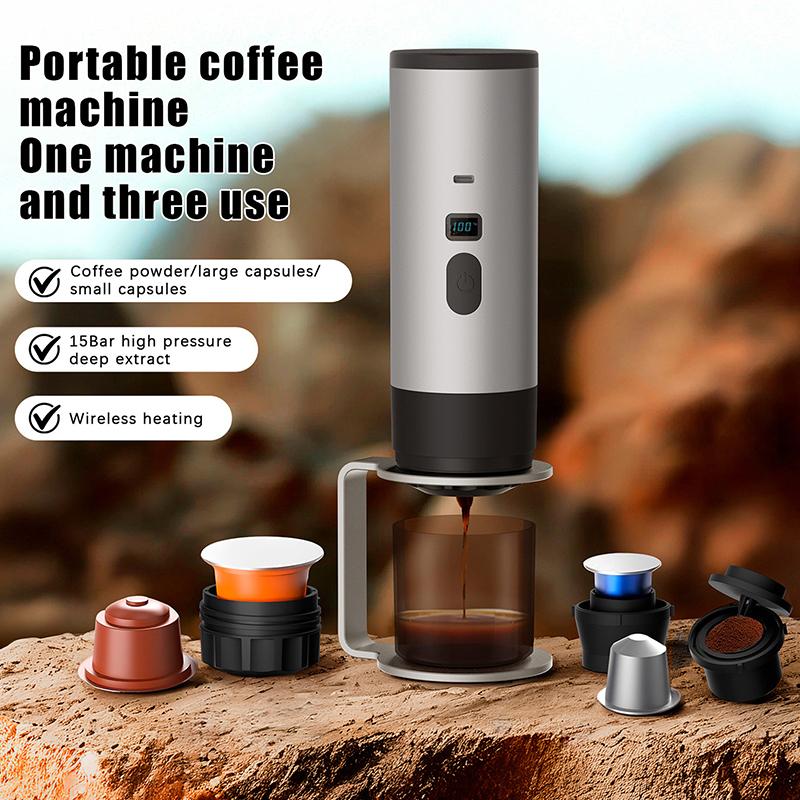 Tragbare elektrische Kaffeemaschine 3-in-1 Kapsel-Kaffeemühle Reise-Kaffeemaschine mit kabelloser Heizung für Auto und Zuhause Camping