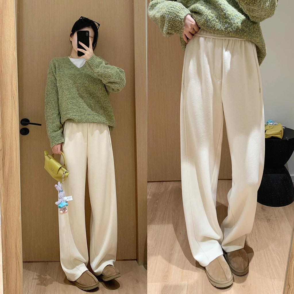 Women's Elastic Waist Barrel Leg Pants Relaxed Fit Korean Thick Cashmere Acetate Blend Wide Leg Trousers Winter Loungewear Sweatpants