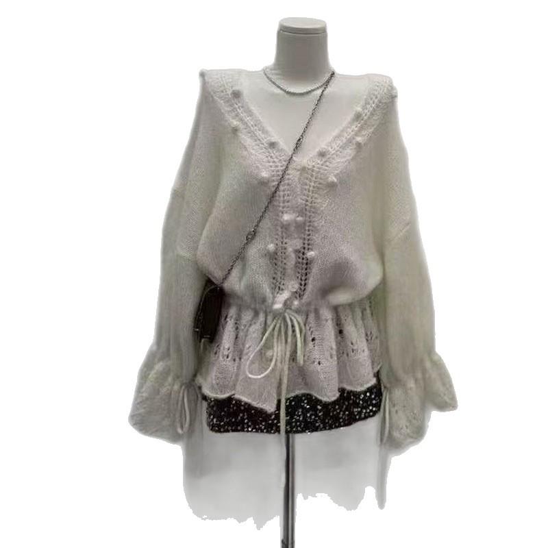 Korean Openwork Crochet Pompom V-Neck Knit Cardigan: Early Autumn Loose Drawstring Sweater