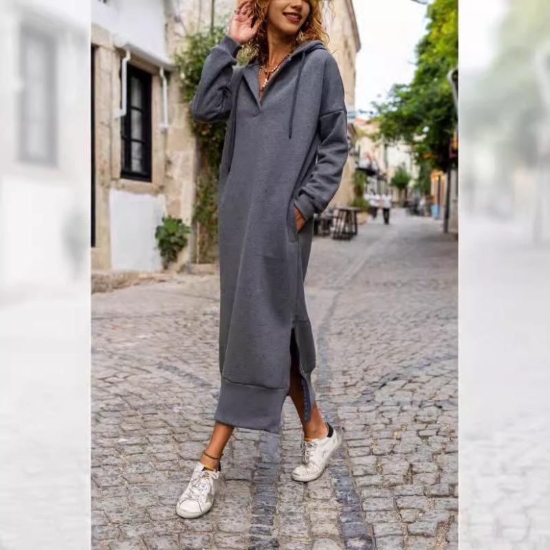 

Осень-зима свободные большие трикотажные длинные платья с капюшоном женские винтажные бархатные толстовки повседневные модные платья S