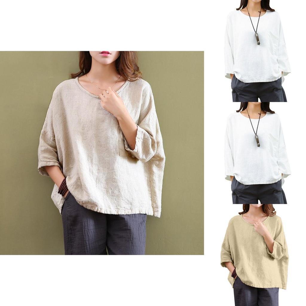 Vintage Women 34 Sleeve O Neck Cotton Linen Loose Casual Shirt Top Blouse